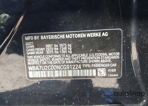 2022 BMW 750 I xDrive z USA, uszkodzony, nr VIN WBA7U2C00NCG91224